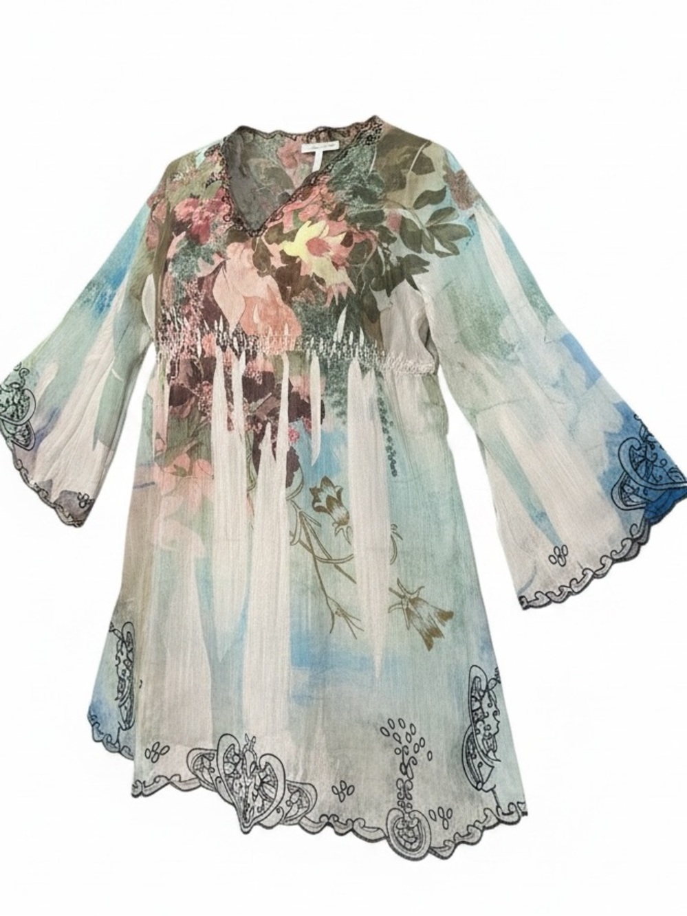 Mushka Sienna Rose Floral Watercolor V-Neck Tunic Top Pastel Blue/Green SZ L EUC - Picture 2 of 12